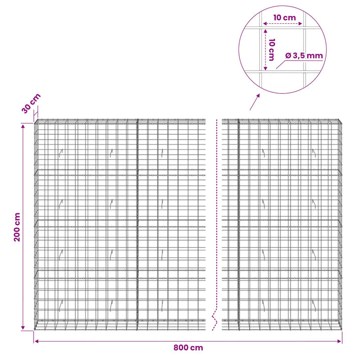 Gabion cu Fir de 3,5 mm și Plasă de 10x10 cm 800x30x200 cm WALTI