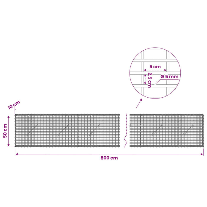 Gabion cu Fir de 5 mm și Plasă de 5x2,5 cm 800x10x50 cm - WALTI WALTI