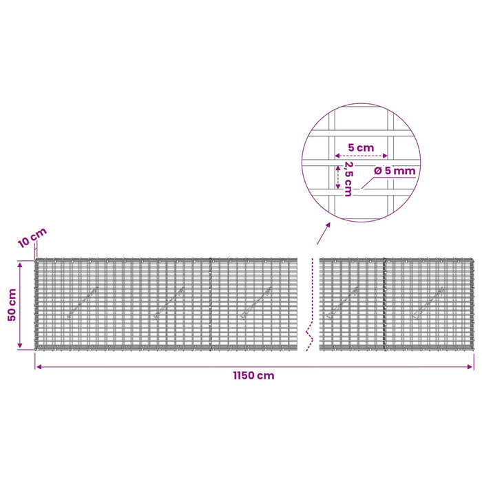Gabion cu Fir de 5 mm și Plasă de 5x2,5 cm 1150x10x50 cm - WALTI WALTI