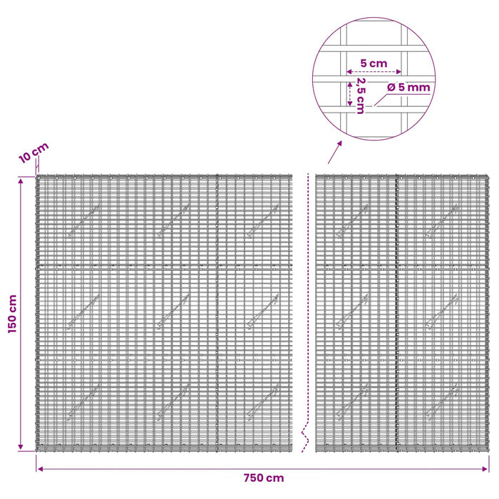 Gabion cu Fir de 5 mm și Plasă de 5x2,5 cm 750x10x150 cm - WALTI WALTI