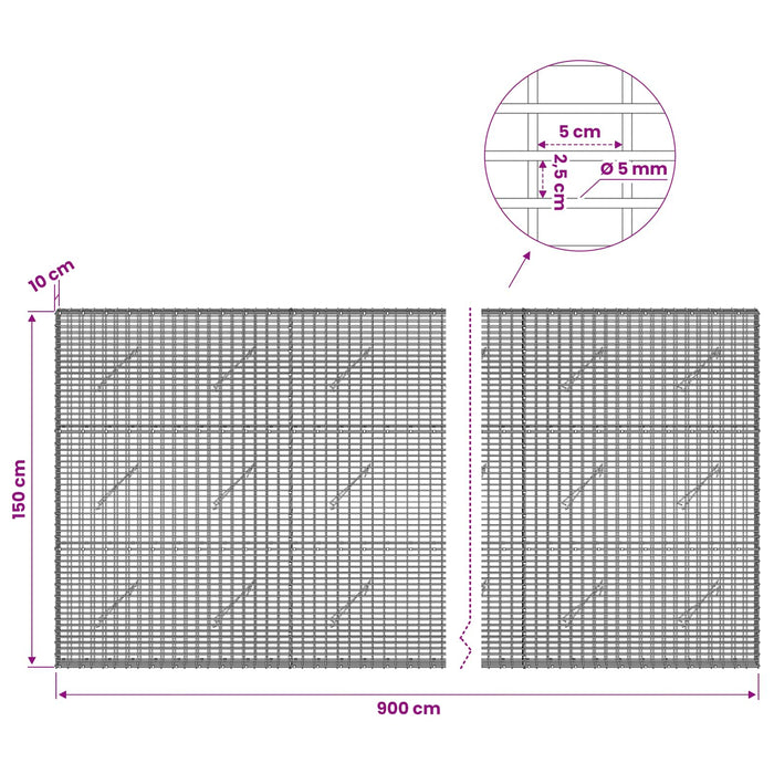 Gabion cu Fir de 5 mm și Plasă de 5x2,5 cm 900x10x150 cm - WALTI WALTI