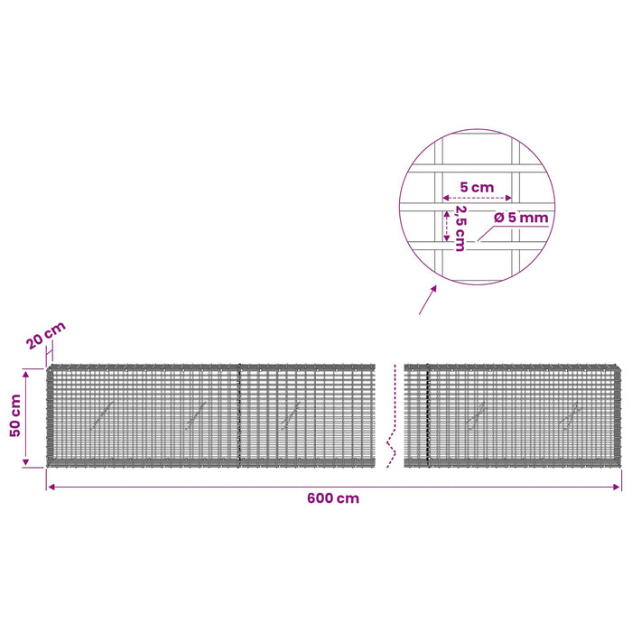 Gabion cu Fir de 5 mm și Plasă de 5x2,5 cm 600x20x50 cm WALTI
