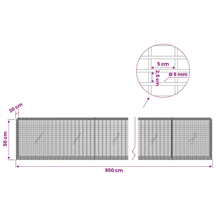 Gabion cu Fir de 5 mm și Plasă de 5x2,5 cm 950x20x50 cm - WALTI WALTI