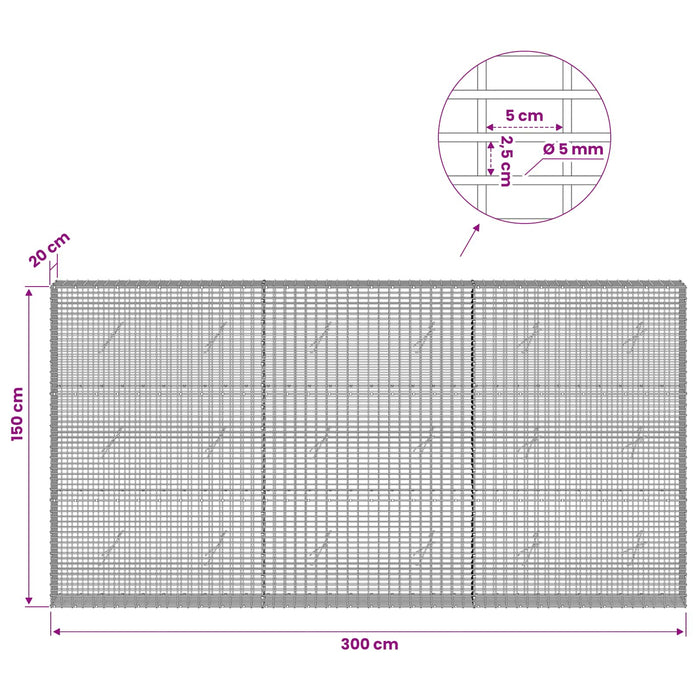Gabion cu Fir de 5 mm și Plasă de 5x2,5 cm 300x20x150 cm WALTI