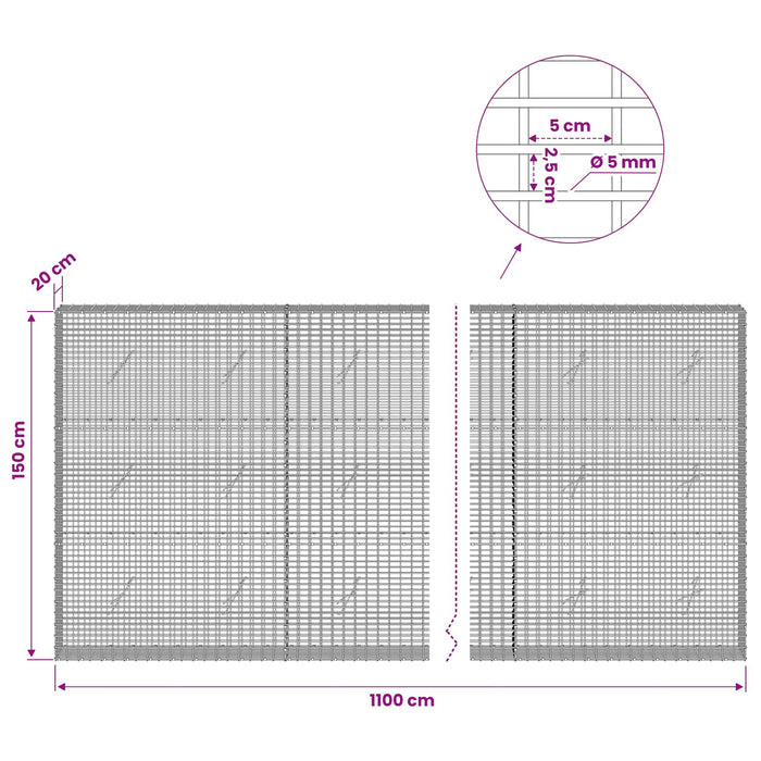 Gabion cu Fir de 5 mm și Plasă de 5x2,5 cm 1100x20x150 cm WALTI