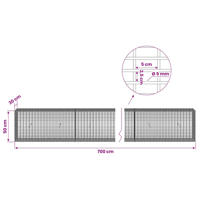 Gabion cu Fir de 5 mm și Plasă de 5x2,5 cm 700x30x50 cm WALTI