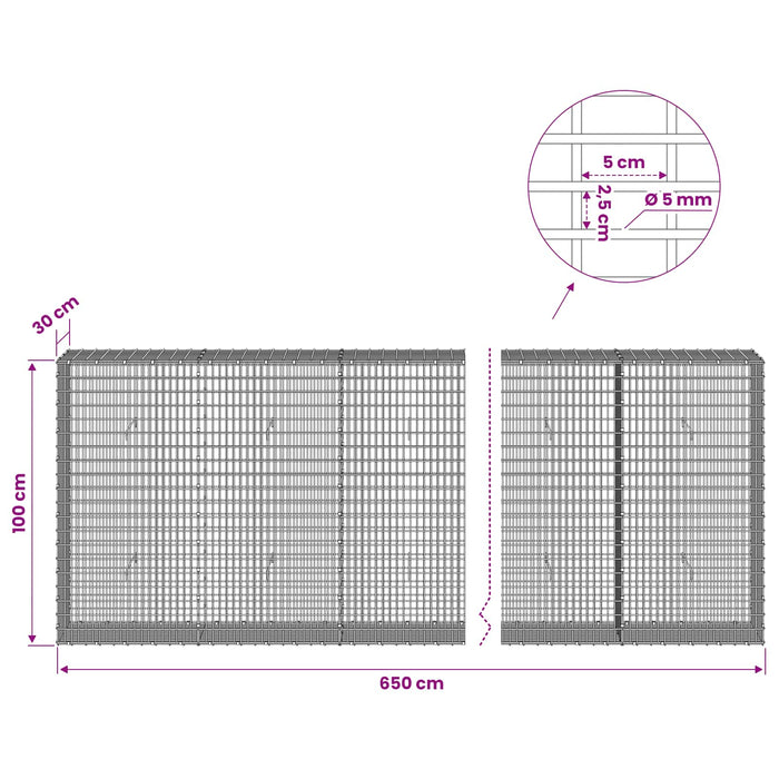 Gabion cu Fir de 5 mm și Plasă de 5x2,5 cm 650x30x100 cm WALTI
