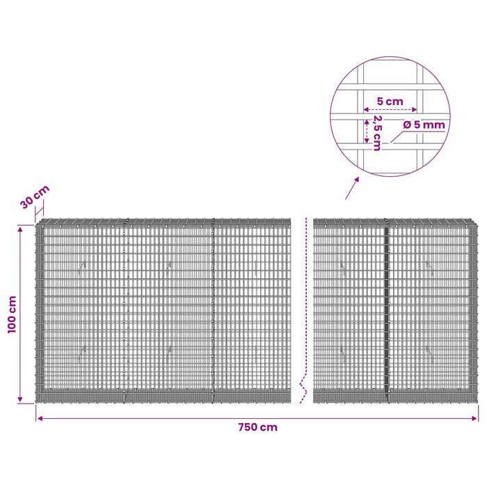 Gabion cu Fir de 5 mm și Plasă de 5x2,5 cm 750x30x100 cm - WALTI WALTI