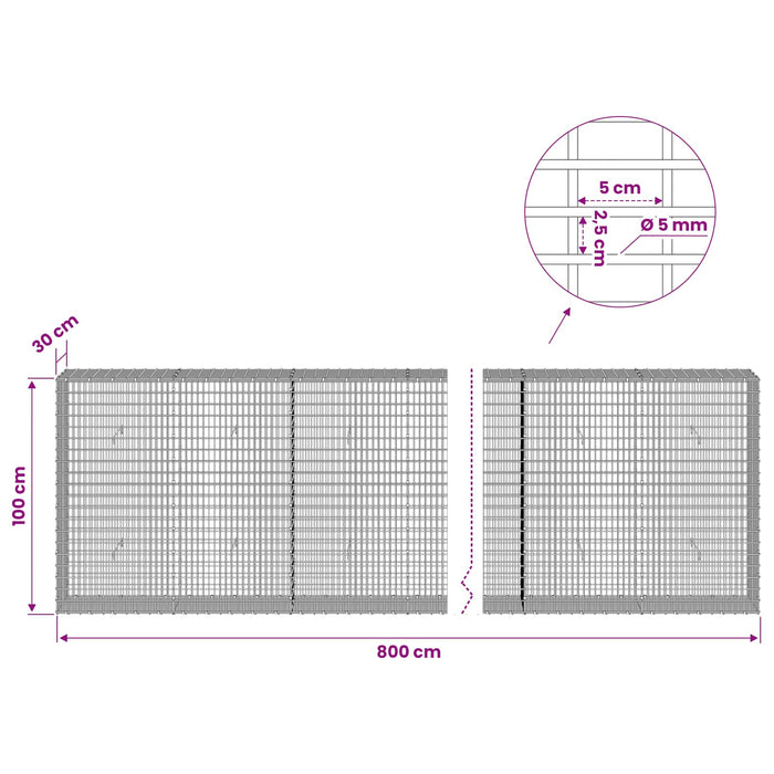 Gabion cu Fir de 5 mm și Plasă de 5x2,5 cm 800x30x100 cm - WALTI WALTI