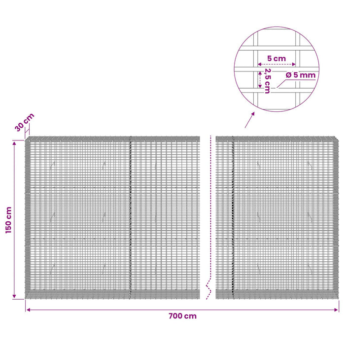 Gabion cu Fir de 5 mm și Plasă de 5x2,5 cm 700x30x150 cm WALTI