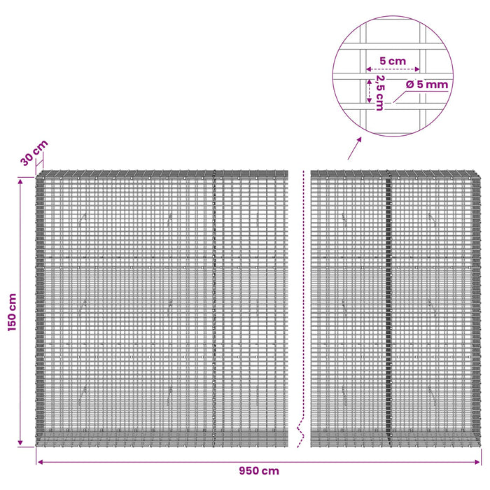 Gabion cu Fir de 5 mm și Plasă de 5x2,5 cm 950x30x150 cm WALTI