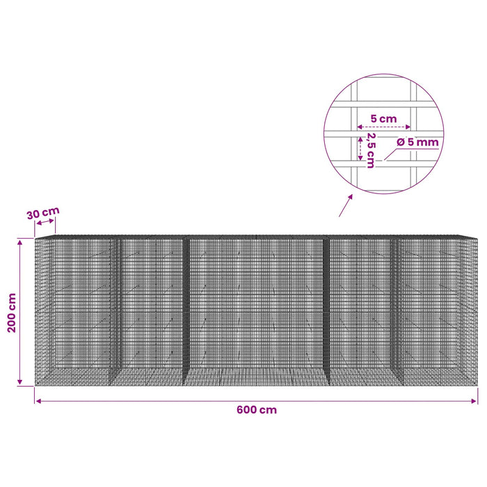 Gabion cu Fir de 5 mm și Plasă de 5x2,5 cm 600x30x200 cm WALTI