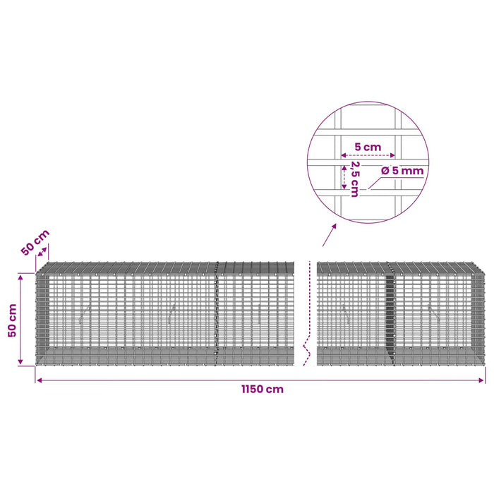 Gabion cu Fir de 5 mm și Plasă de 5x2,5 cm 1150x50x50 cm - WALTI WALTI
