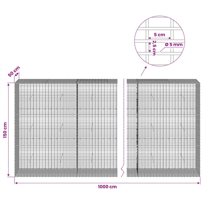 Gabion cu Fir de 5 mm și Plasă de 5x2,5 cm 1000x50x150 cm WALTI