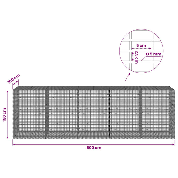 Gabion cu Fir de 5 mm și Plasă de 5x2,5 cm 500x100x150 cm WALTI
