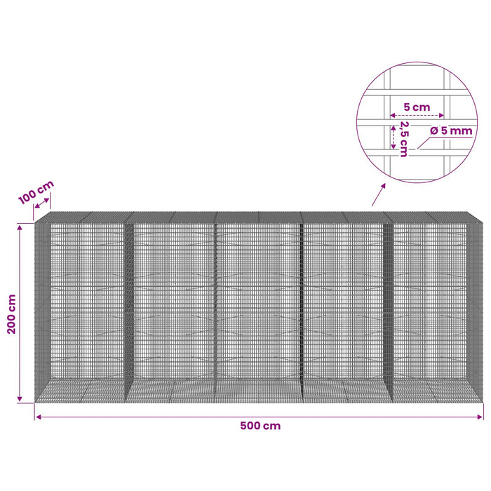 Gabion cu Fir de 5 mm și Plasă de 5x2,5 cm 500x100x200 cm - WALTI WALTI