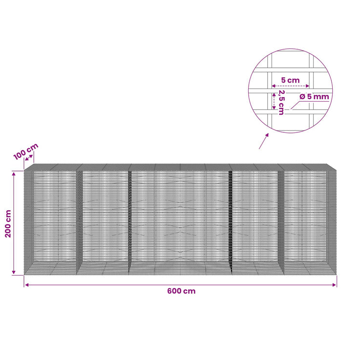 Gabion cu Fir de 5 mm și Plasă de 5x2,5 cm 600x100x200 cm - WALTI WALTI