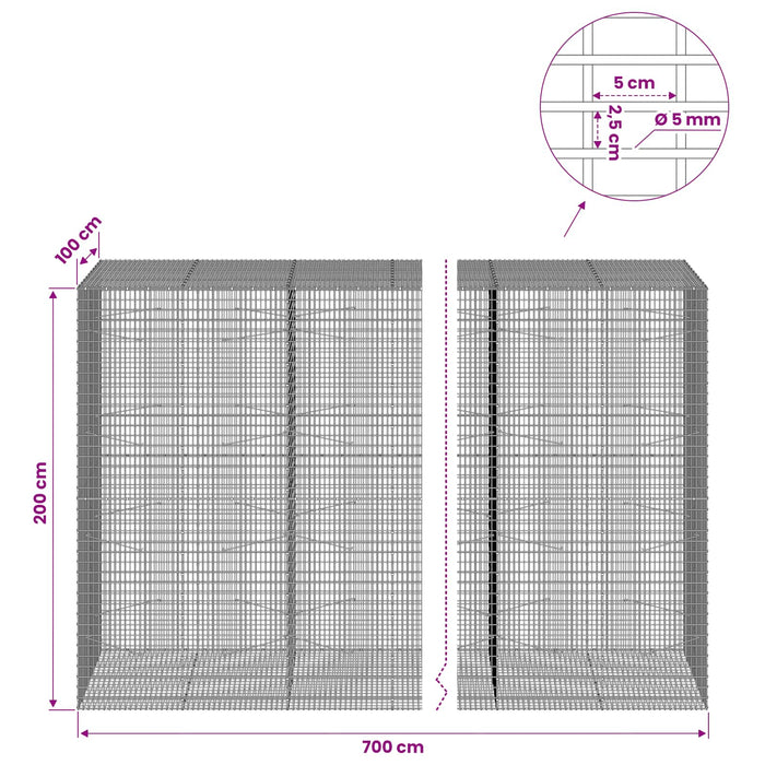 Gabion cu Fir de 5 mm și Plasă de 5x2,5 cm 700x100x200 cm - WALTI WALTI
