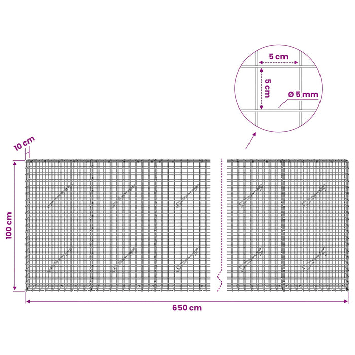 Gabion cu sârmă de 5 mm și plasă de 5x5 cm 650x10x100 cm WALTI