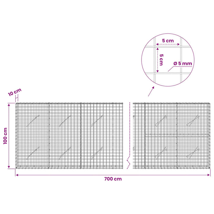 Gabion cu sârmă de 5 mm și plasă de 5x5 cm 700x10x100 cm WALTI