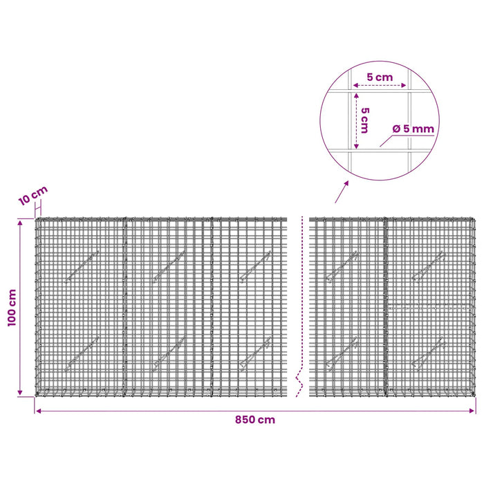 Gabion cu sârmă de 5 mm și plasă de 5x5 cm 850x10x100 cm WALTI