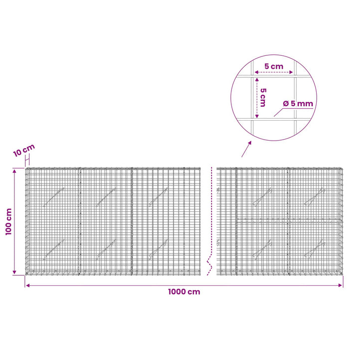 Gabion cu sârmă de 5 mm și plasă de 5x5 cm 1000x10x100 cm WALTI