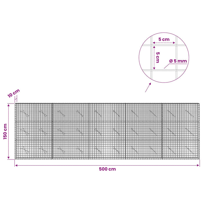 Gabion cu sârmă de 5 mm și plasă de 5x5 cm 500x10x150 cm WALTI