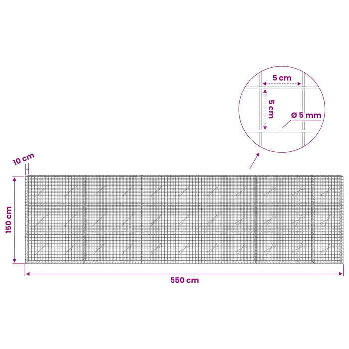 Gabion cu sârmă de 5 mm și plasă de 5x5 cm 550x10x150 cm WALTI