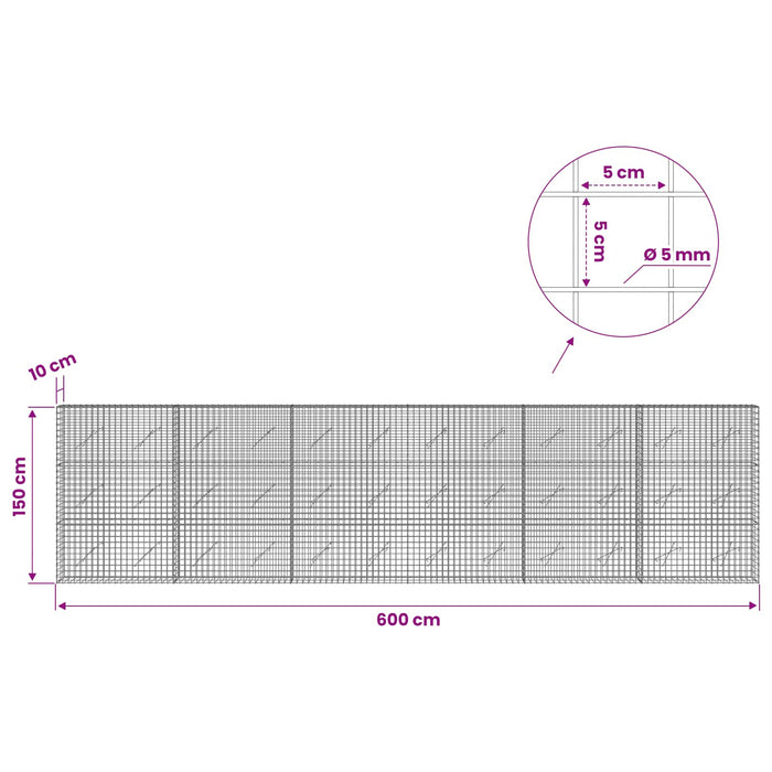 Gabion cu sârmă de 5 mm și plasă de 5x5 cm 600x10x150 cm WALTI
