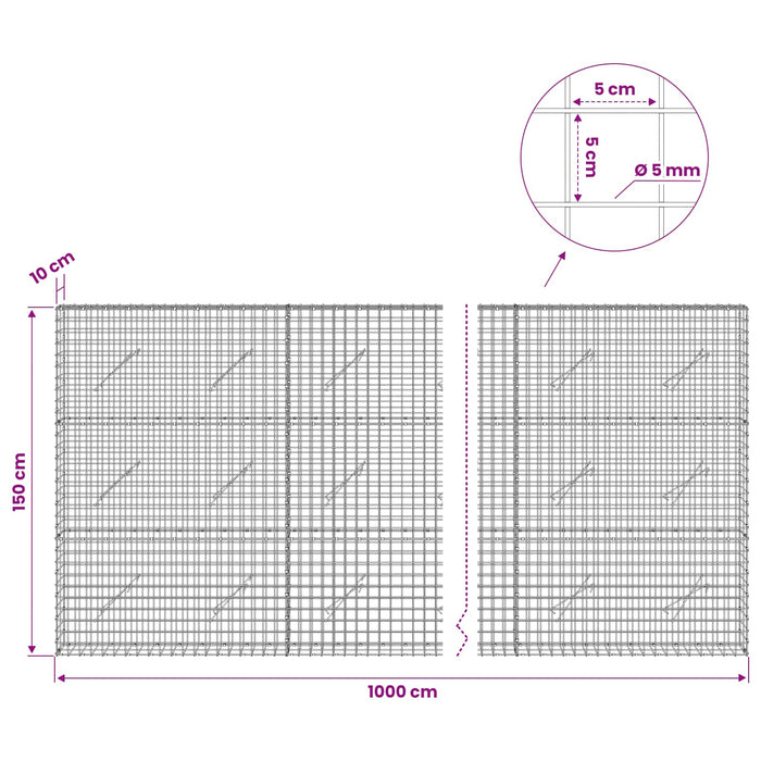 Gabion cu sârmă de 5 mm și plasă de 5x5 cm 1000x10x150 cm WALTI