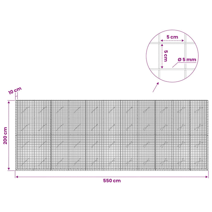Gabion cu sârmă de 5 mm și plasă de 5x5 cm 550x10x200 cm WALTI