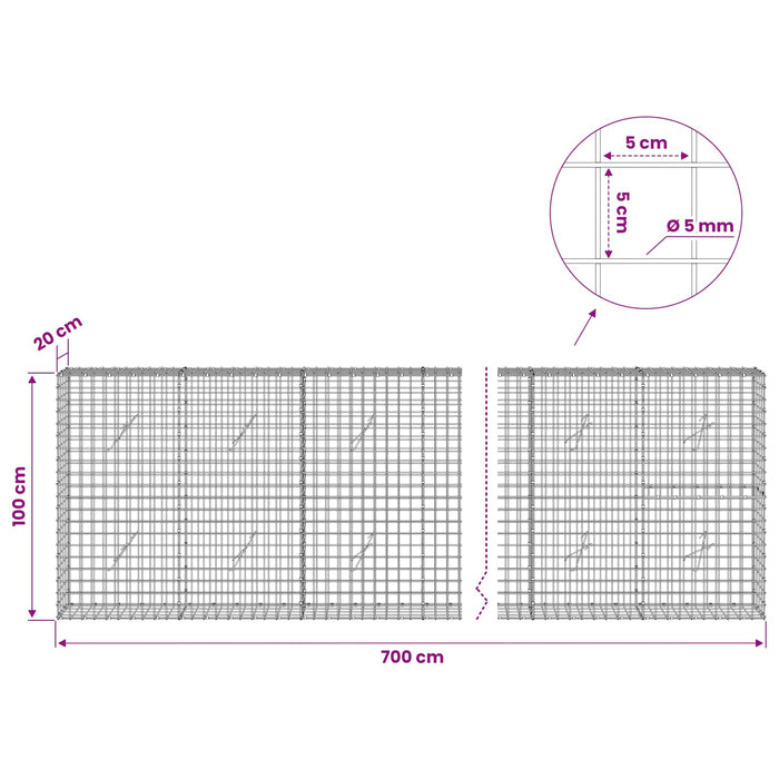 Gabion cu sârmă de 5 mm și plasă de 5x5 cm 700x20x100 cm WALTI