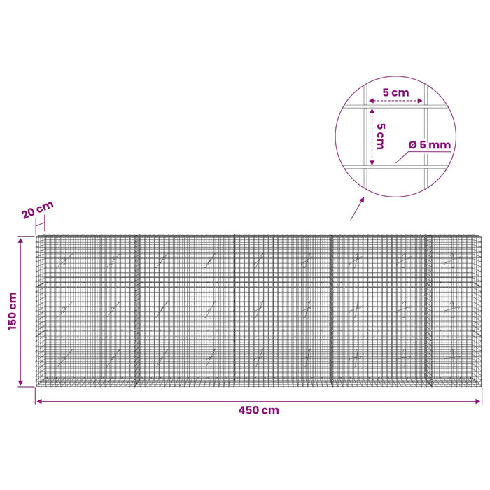 Gabion cu sârmă de 5 mm și plasă de 5x5 cm 450x20x150 cm WALTI