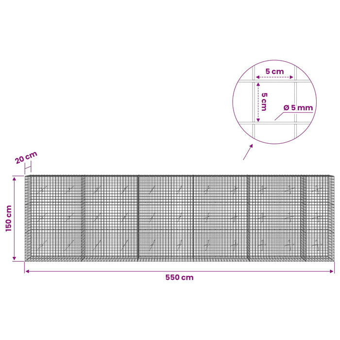 Gabion cu sârmă de 5 mm și plasă de 5x5 cm 550x20x150 cm WALTI
