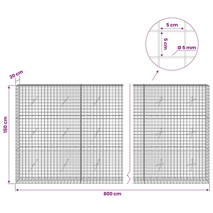 Gabion cu sârmă de 5 mm și plasă de 5x5 cm 800x20x150 cm WALTI