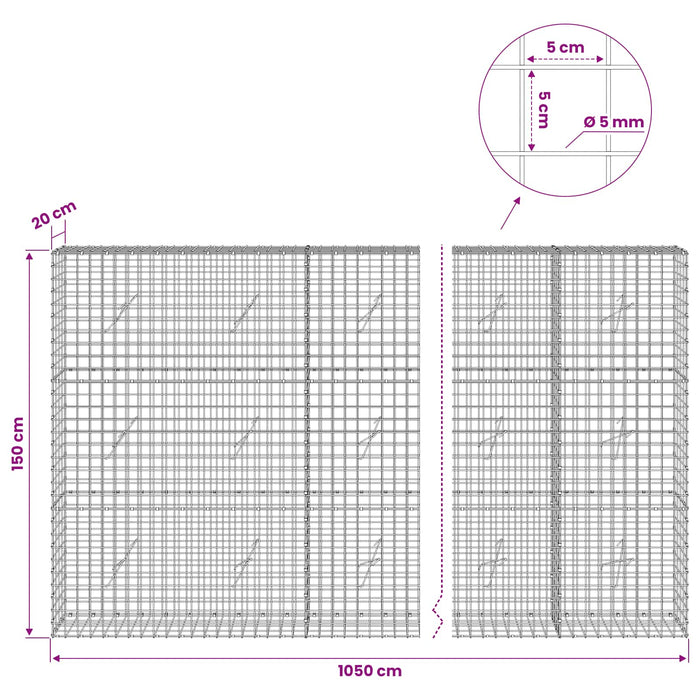 Gabion cu sârmă de 5 mm și plasă de 5x5 cm 1050x20x150 cm WALTI