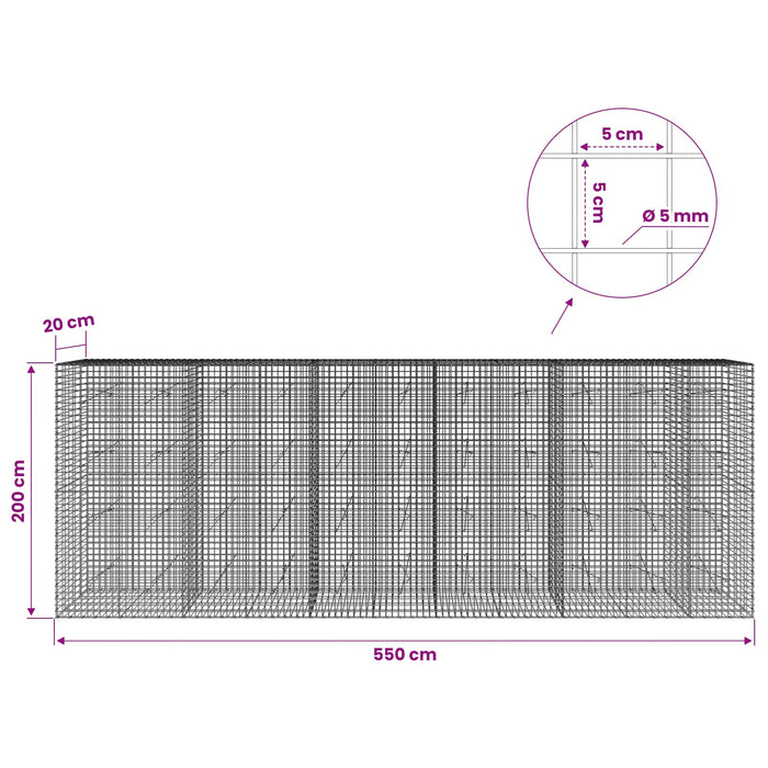 Gabion cu sârmă de 5 mm și plasă de 5x5 cm 550x20x200 cm WALTI