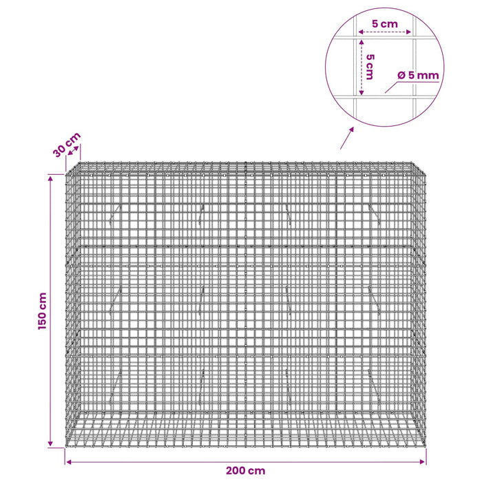 Gabion cu sârmă de 5 mm și plasă de 5x5 cm 200x30x150 cm WALTI