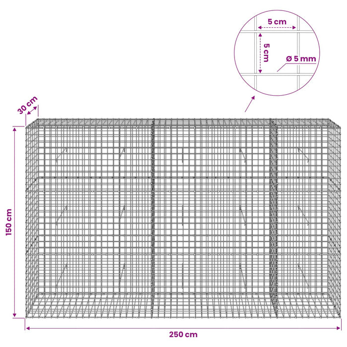 Gabion cu sârmă de 5 mm și plasă de 5x5 cm 250x30x150 cm WALTI