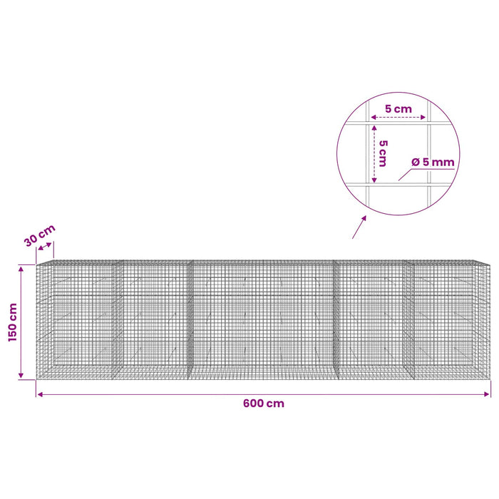 Gabion cu sârmă de 5 mm și plasă de 5x5 cm 600x30x150 cm WALTI