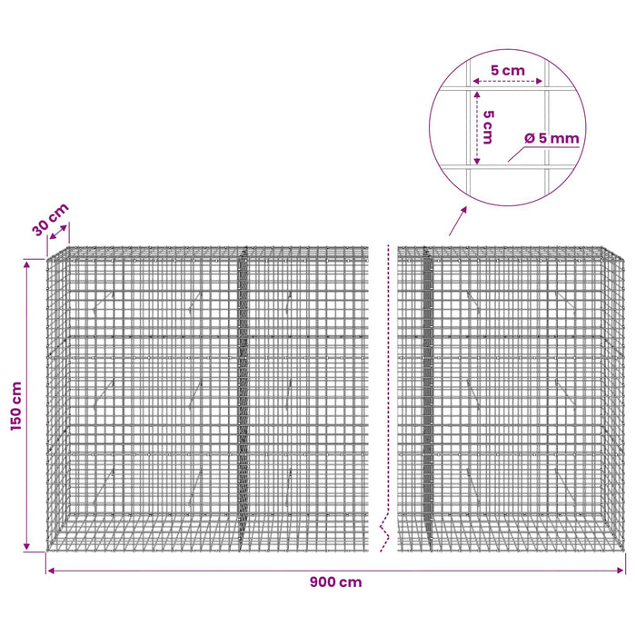 Gabion cu sârmă de 5 mm și plasă de 5x5 cm 900x30x150 cm WALTI