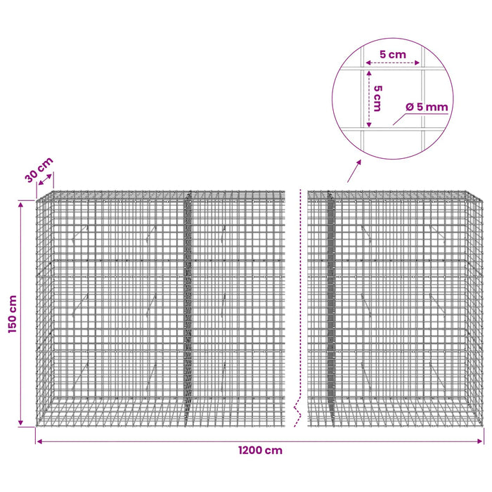 Gabion cu sârmă de 5 mm și plasă de 5x5 cm 1200x30x150 cm WALTI