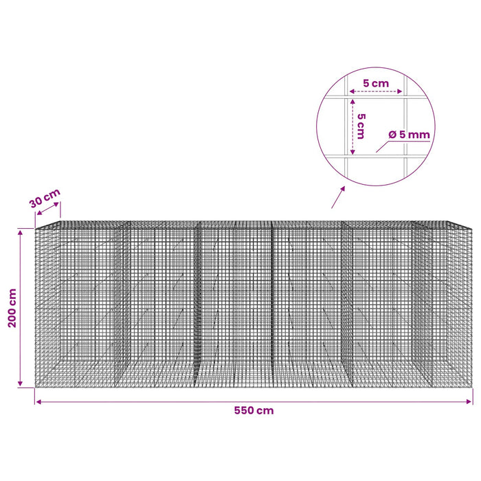 Gabion cu sârmă de 5 mm și plasă de 5x5 cm 550x30x200 cm WALTI