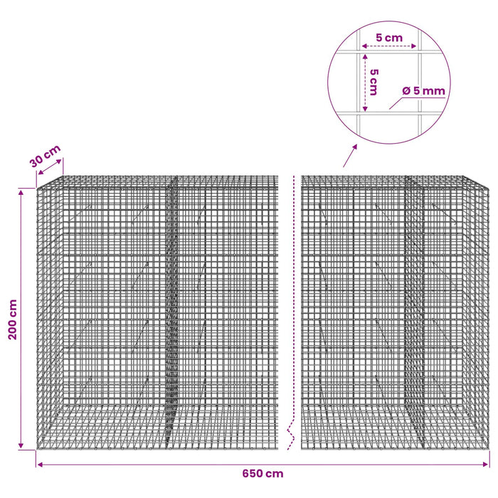 Gabion cu sârmă de 5 mm și plasă de 5x5 cm 650x30x200 cm WALTI