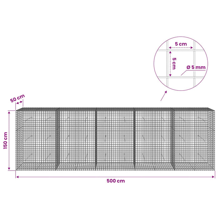 Gabion cu sârmă de 5 mm și plasă de 5x5 cm 500x50x150 cm WALTI