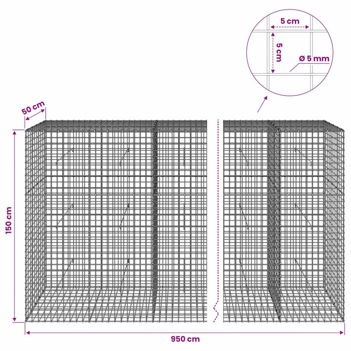 Gabion cu sârmă de 5 mm și plasă de 5x5 cm 950x50x150 cm WALTI
