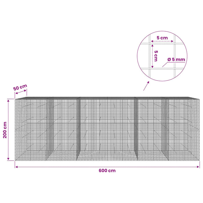 Gabion cu sârmă de 5 mm și plasă de 5x5 cm 600x50x200 cm WALTI