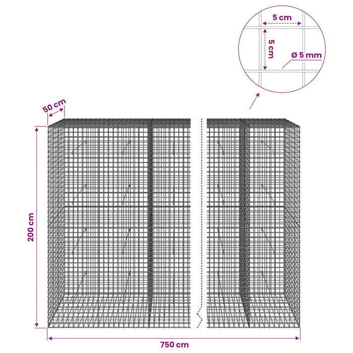 Gabion cu sârmă de 5 mm și plasă de 5x5 cm 750x50x200 cm WALTI