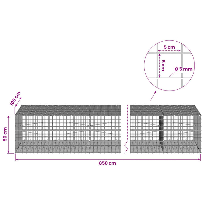 Gabion cu sârmă de 5 mm și plasă de 5x5 cm 850x100x50 cm WALTI