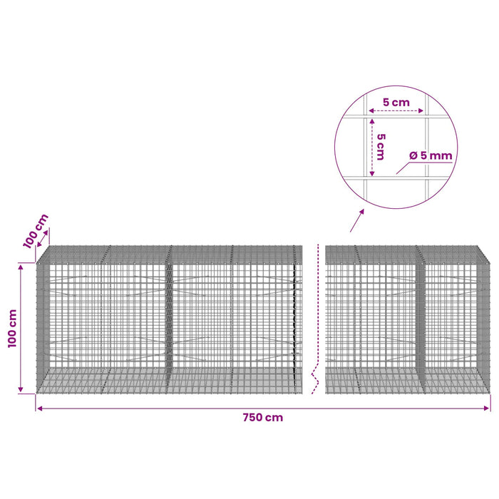 Gabion cu sârmă de 5 mm și plasă de 5x5 cm 750x100x100 cm WALTI